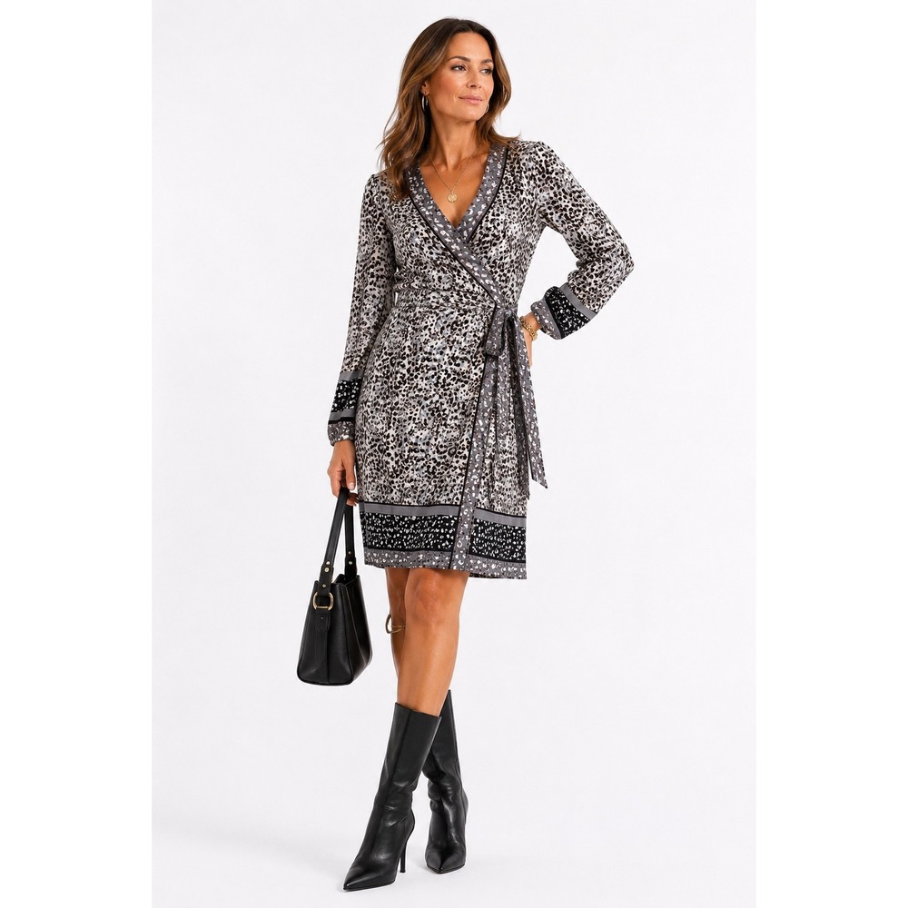 Boho Animal Print Grey Wrap Dress Long Sleeve Hale Bob Size L